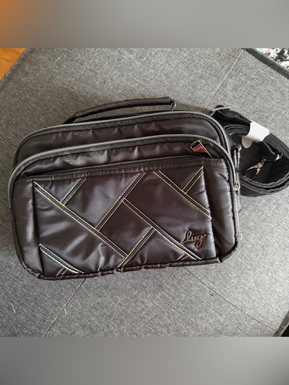 Lug Scoop SE Black Quilted Messenger Bag with Rainbow Ice Stitching